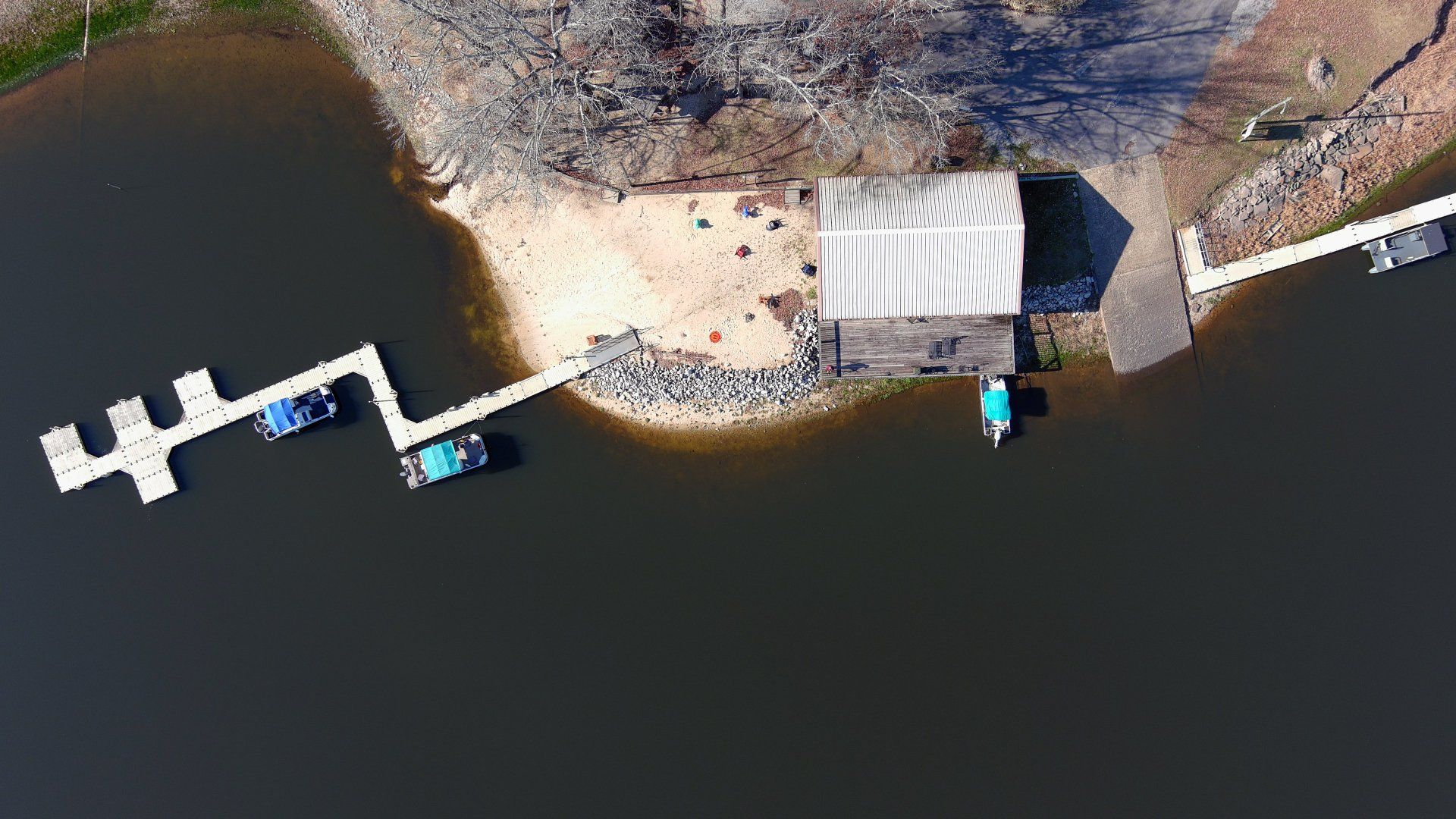 Aerial photograph of lake and dock