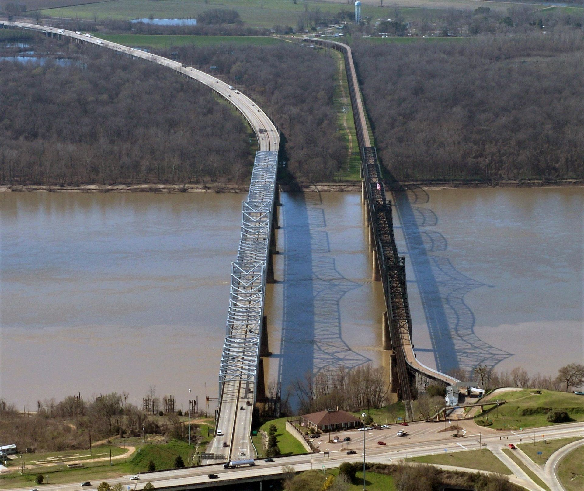 An aerial view of a bridge over a river