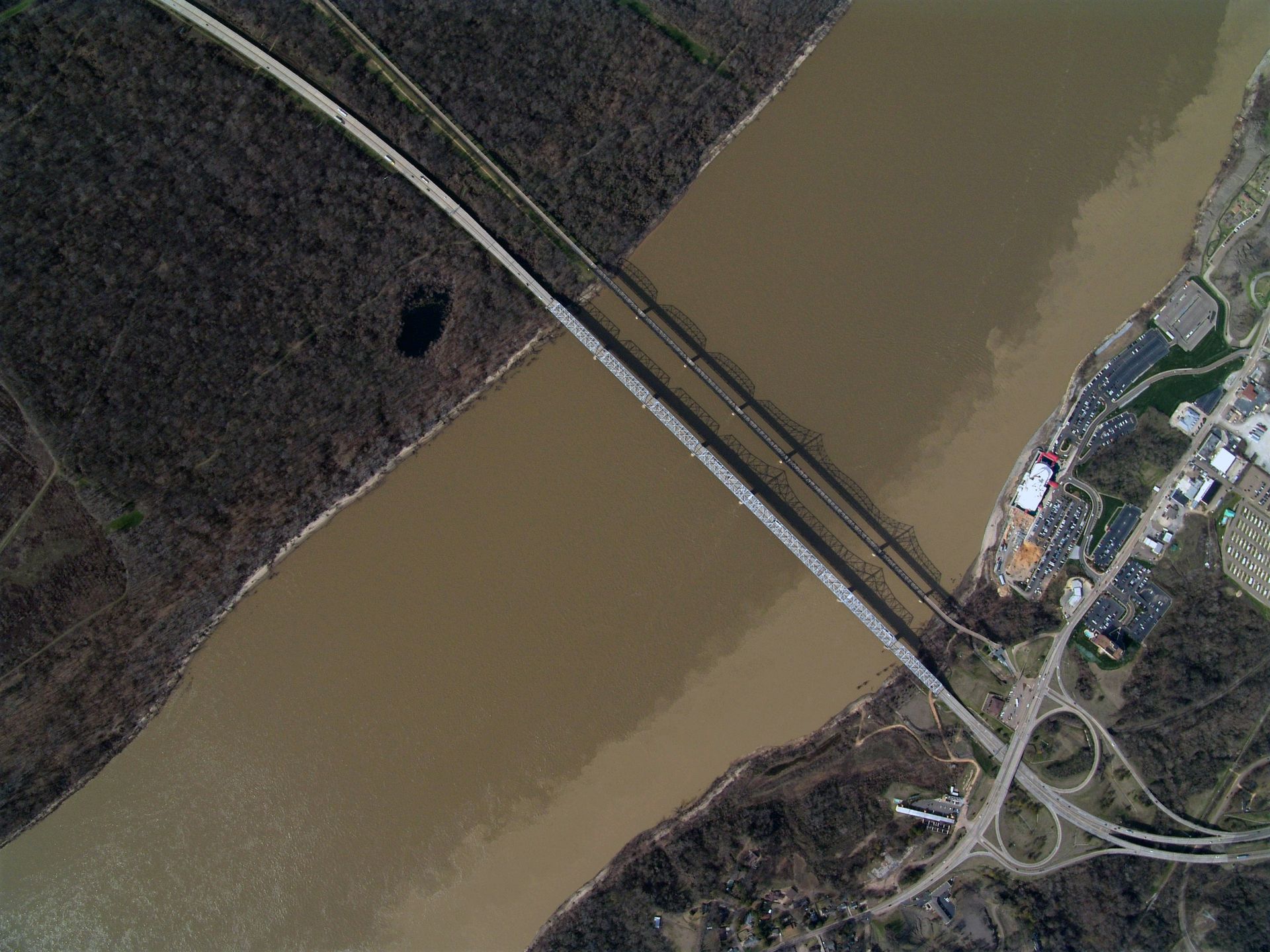 An aerial view of a bridge over a river