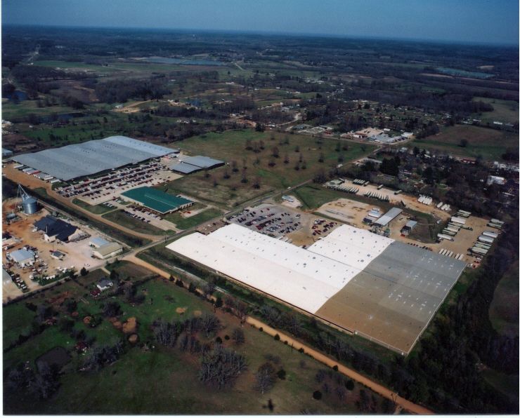 An aerial view of a large industrial area with lots of buildings