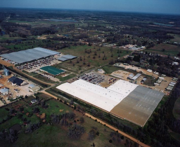 An aerial view of a large industrial area with lots of buildings