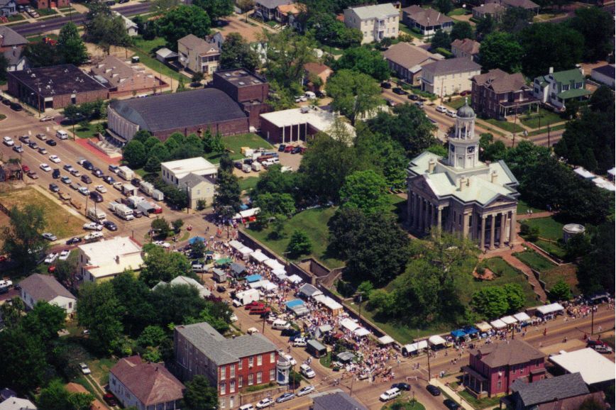 Aerial View of city hall and busy farmers market
