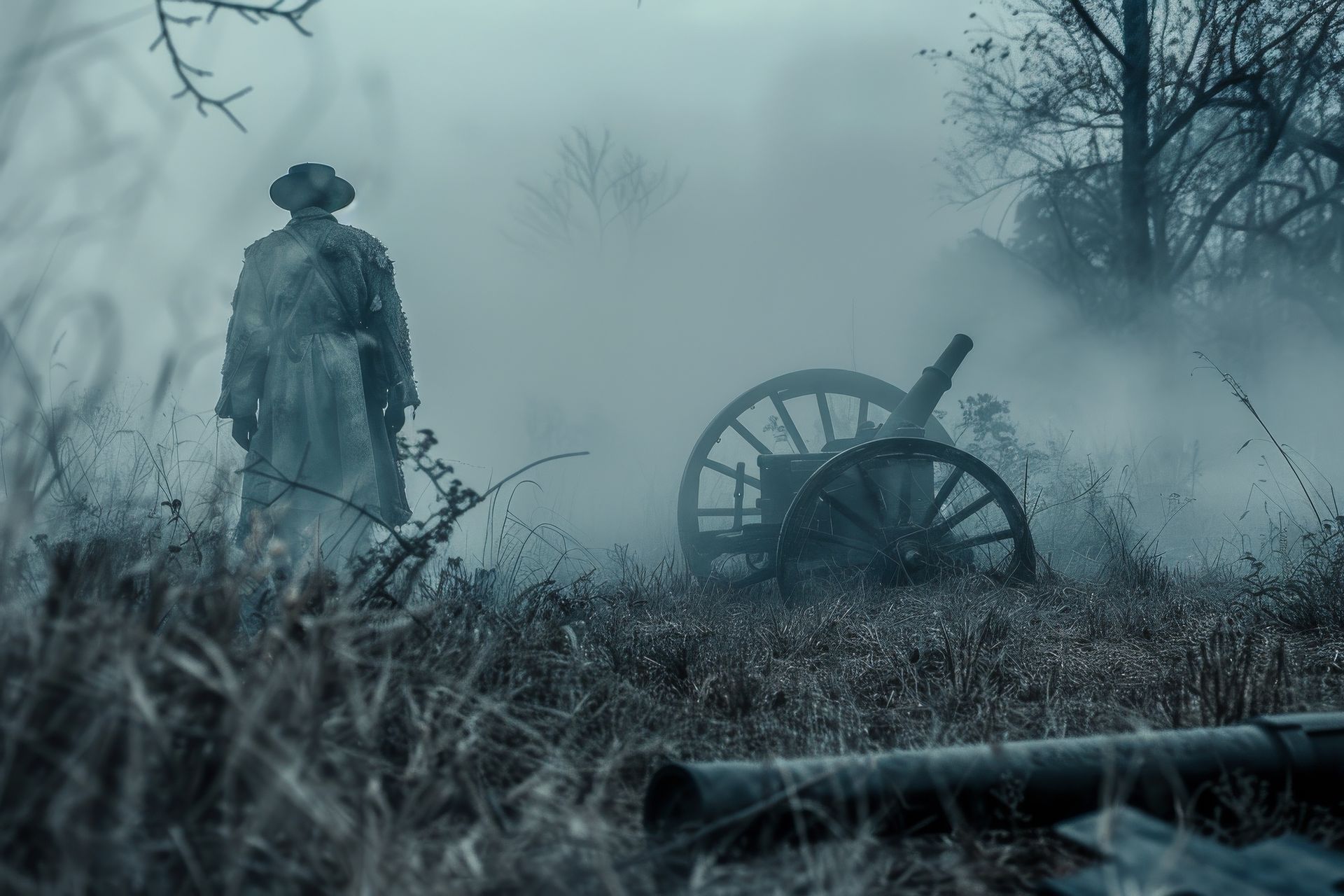 A man is standing in a field with a cannon in the fog.