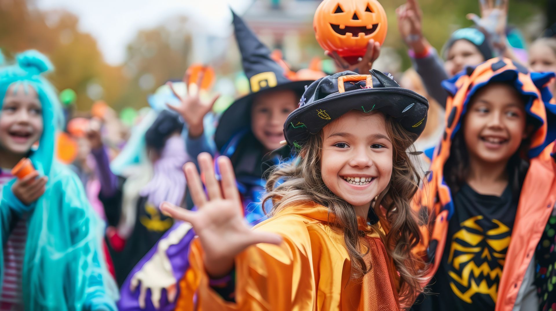 A group of children dressed in halloween costumes are waving at the camera.