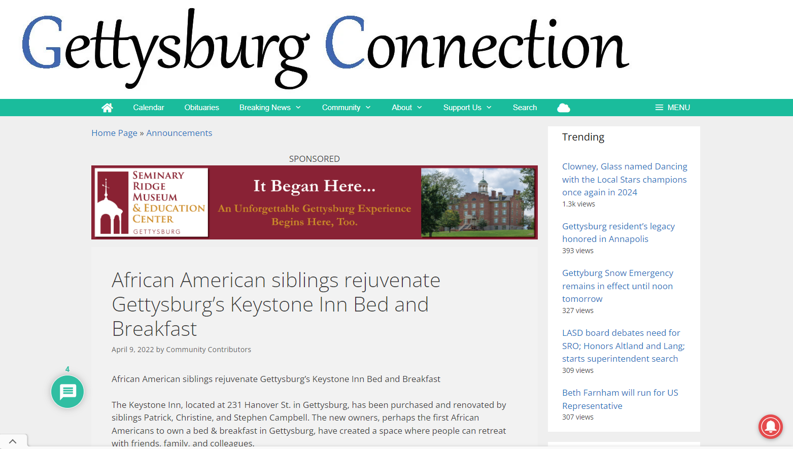 a screenshot of the gettysburg connection website