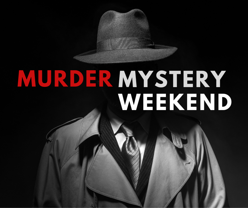 a man in a hat and trench coat is advertising a murder mystery weekend