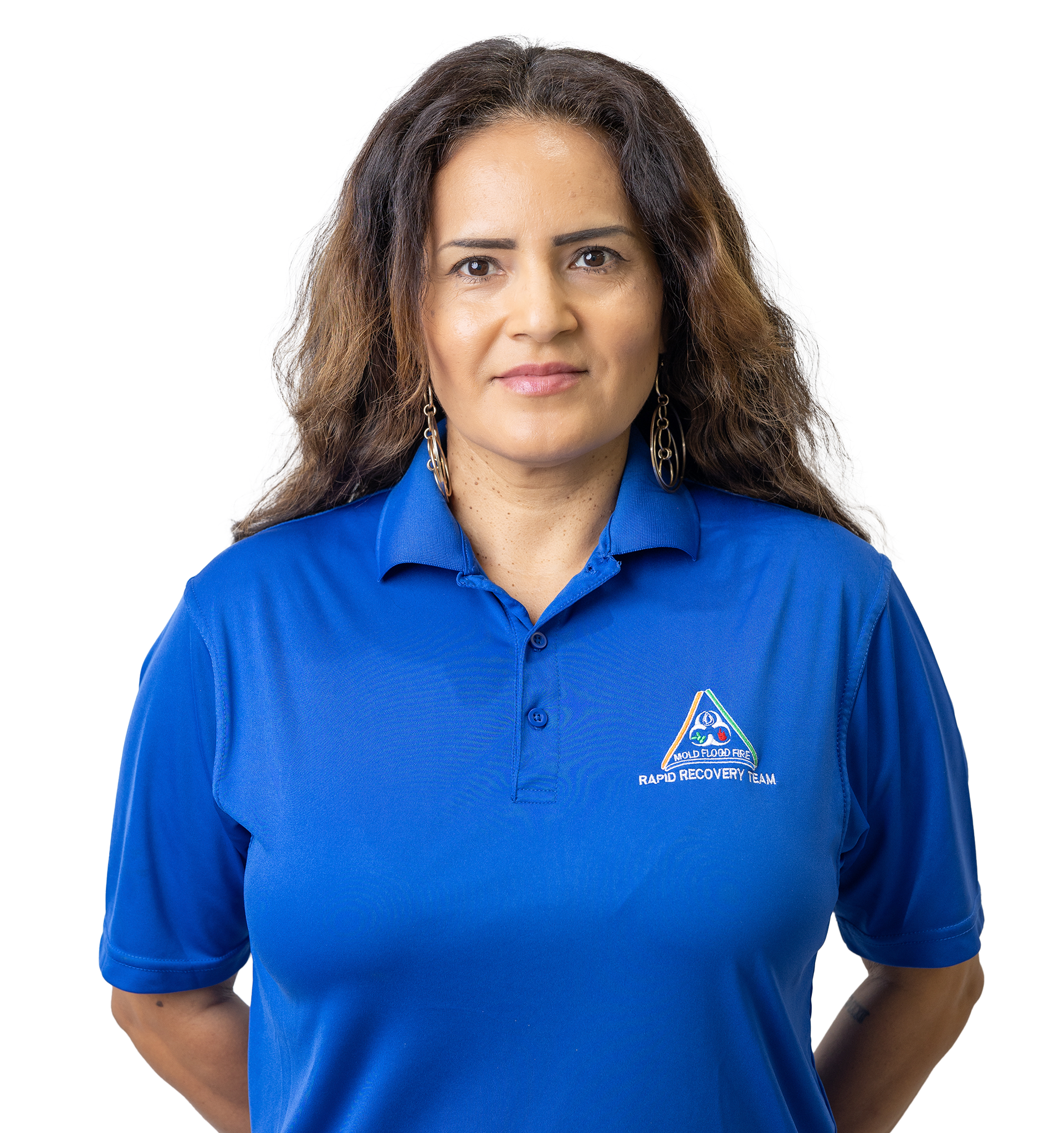 A woman wearing a blue polo shirt with the letter a on it