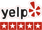 A black and white yelp logo with five stars.