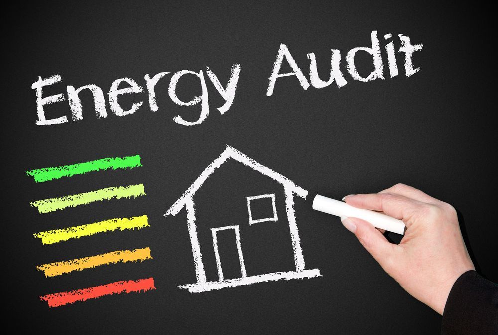 Chalkboard: hand drawing house with energy audit text and color-coded efficiency bar.