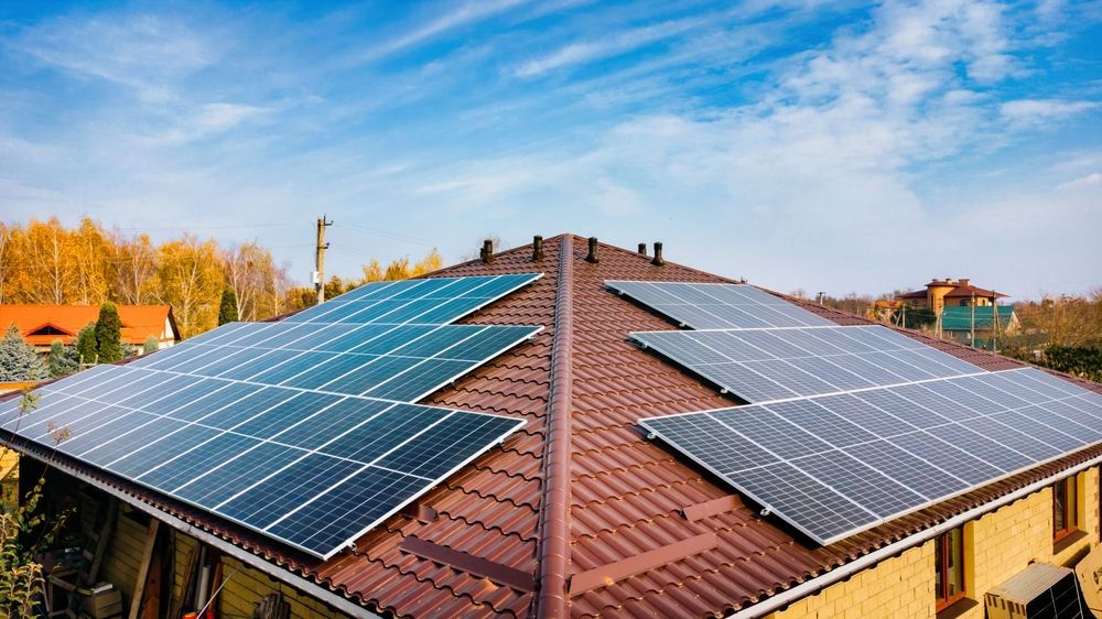 Solar panels on a brown roof of a house, blue sky overhead.