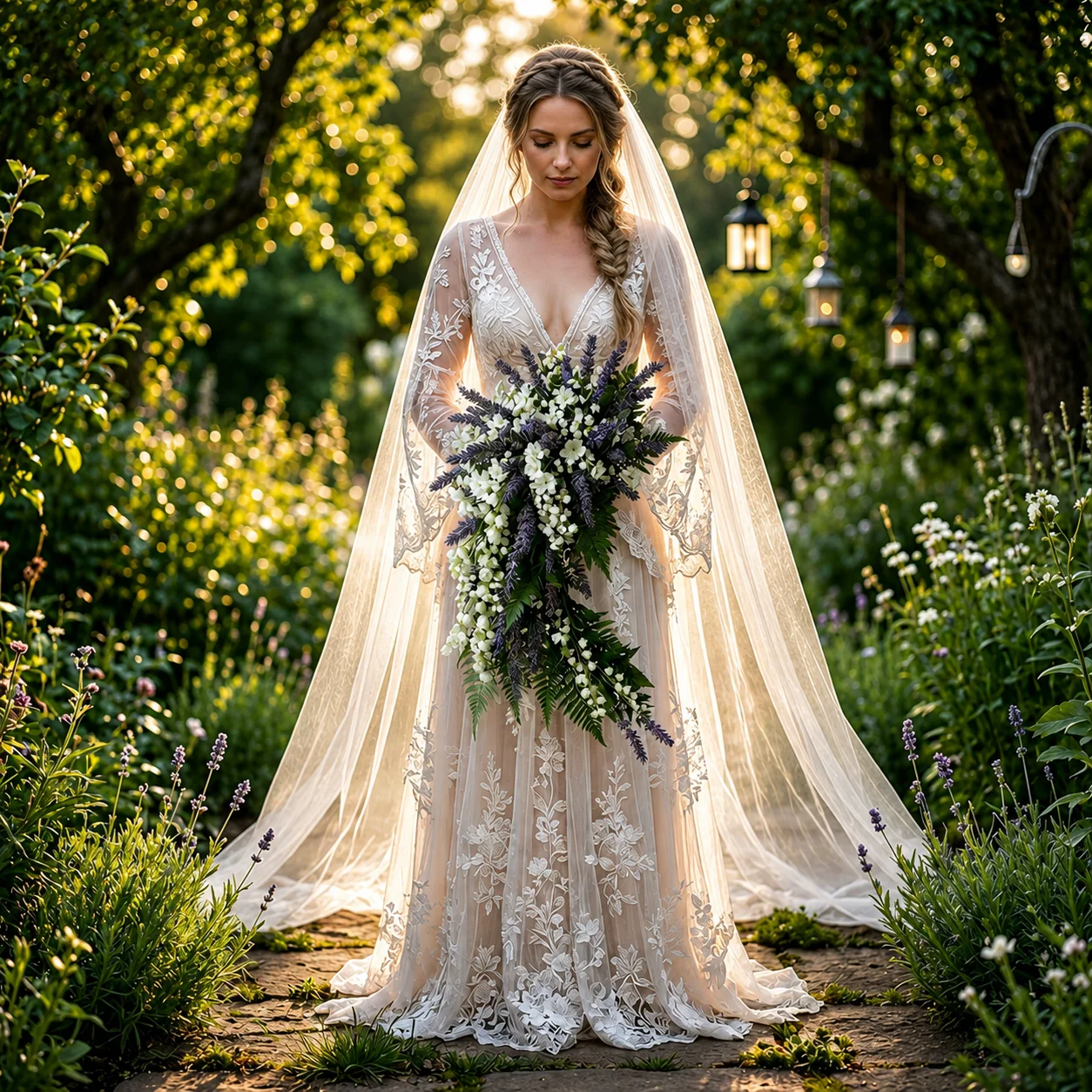Bride in a beaded gown and veil holding a cascading bouquet in a sunlit garden path