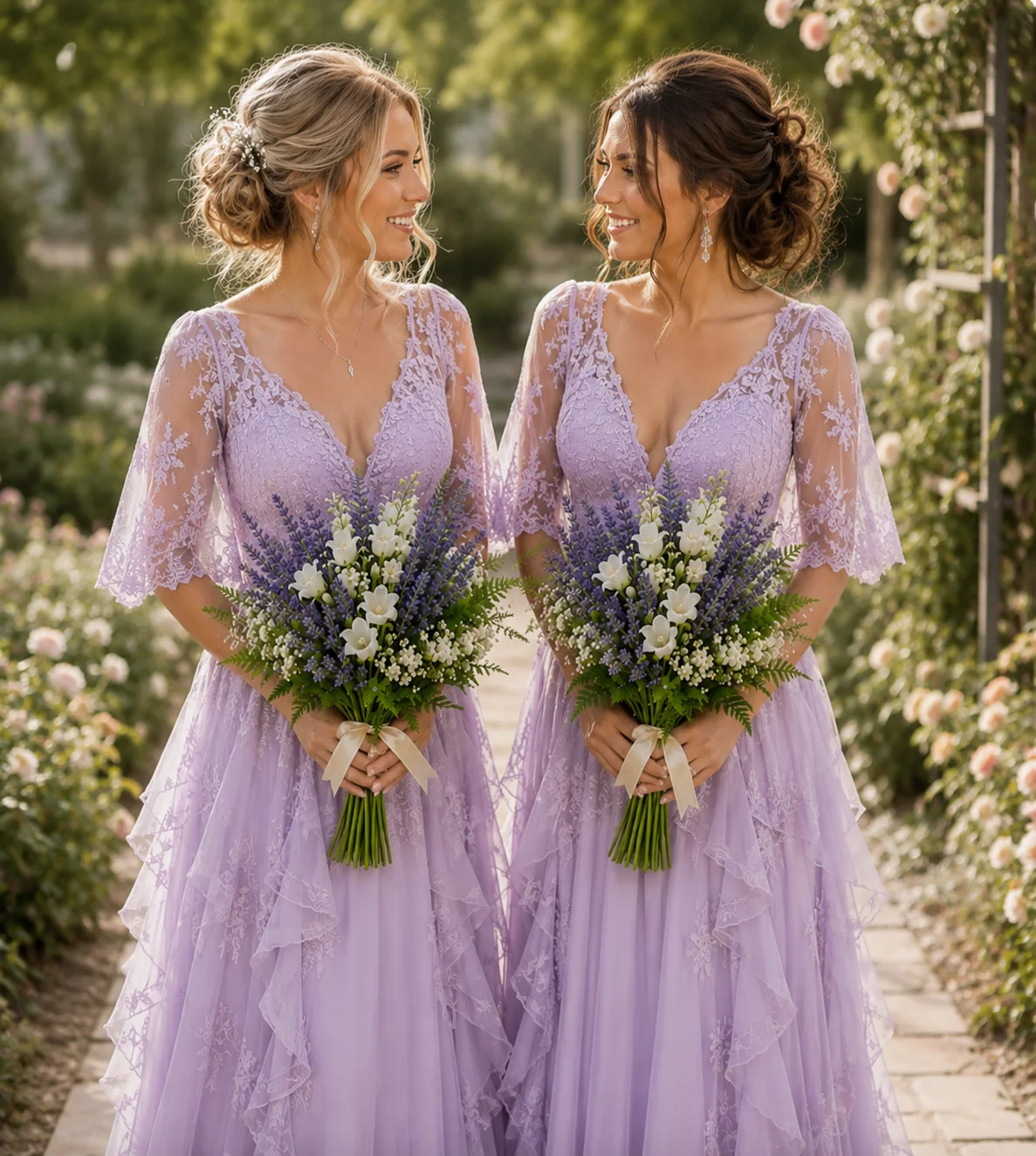 Two women in lavender dresses holding bouquets, smiling on a garden path