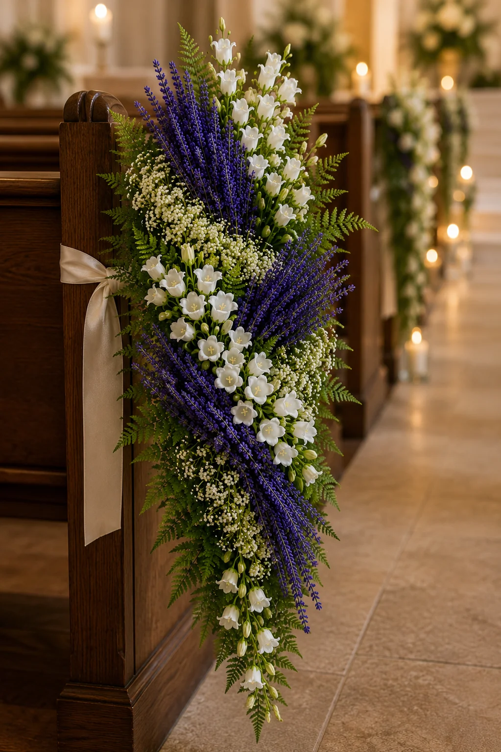 Purple and white floral spray draped over a wooden church pew in a softly lit aisle