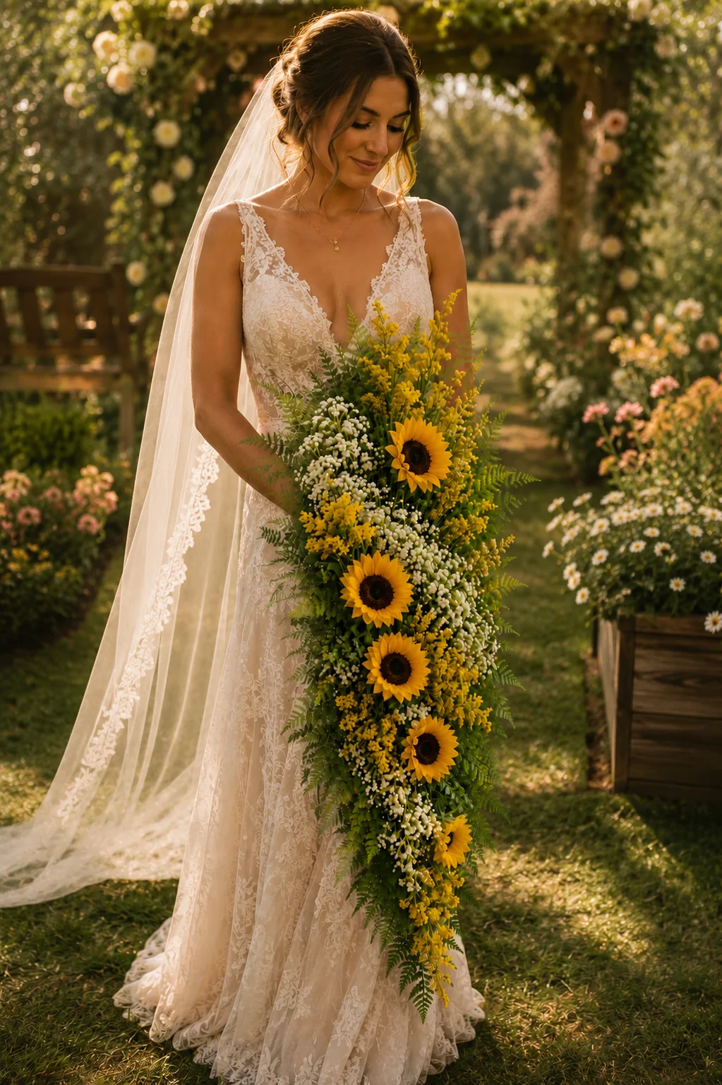 Bride in a lace gown holding a cascading sunflower bouquet in a garden setting