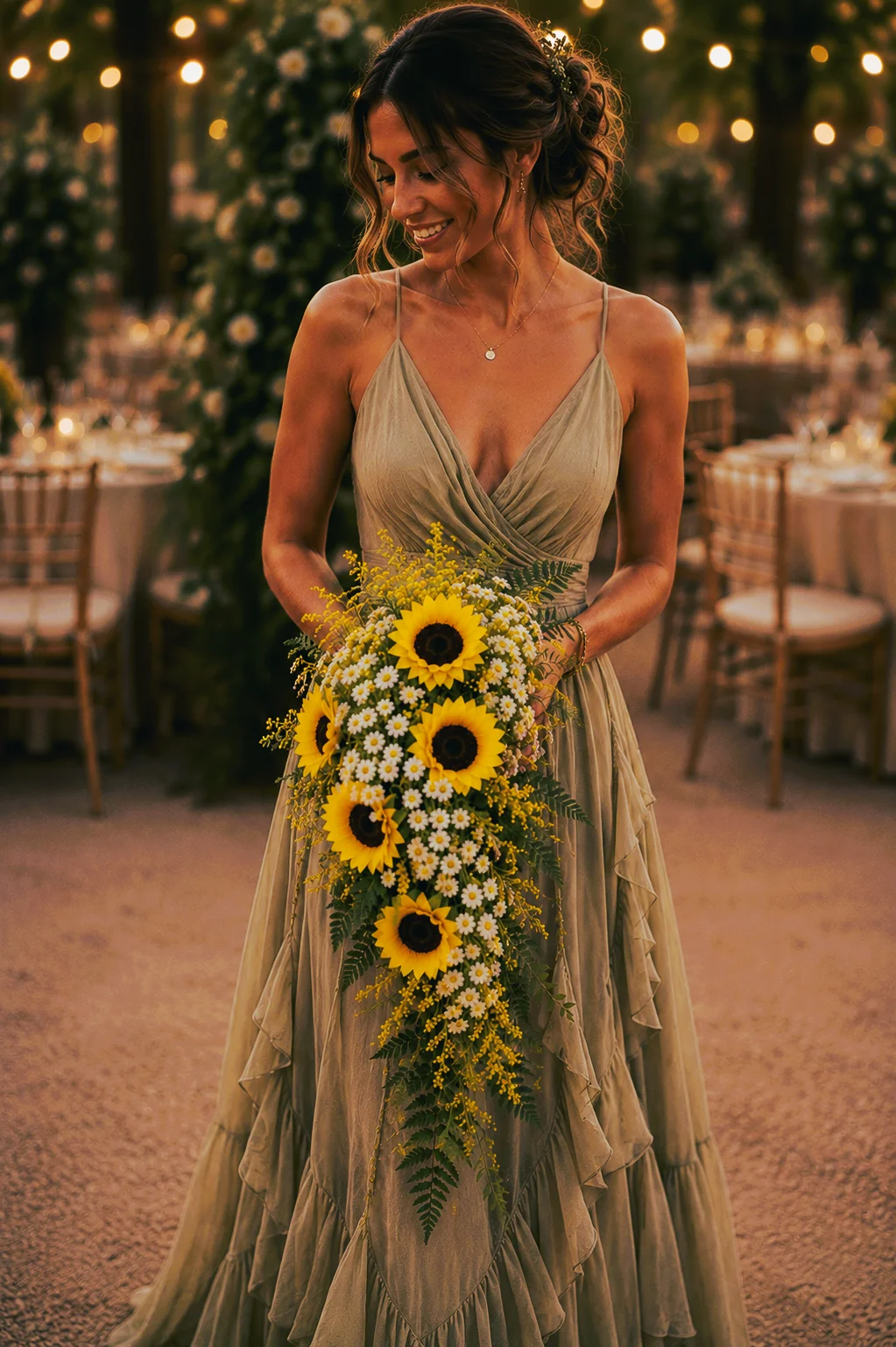 Woman in a gold dress holding a sunflower bouquet at an outdoor evening reception