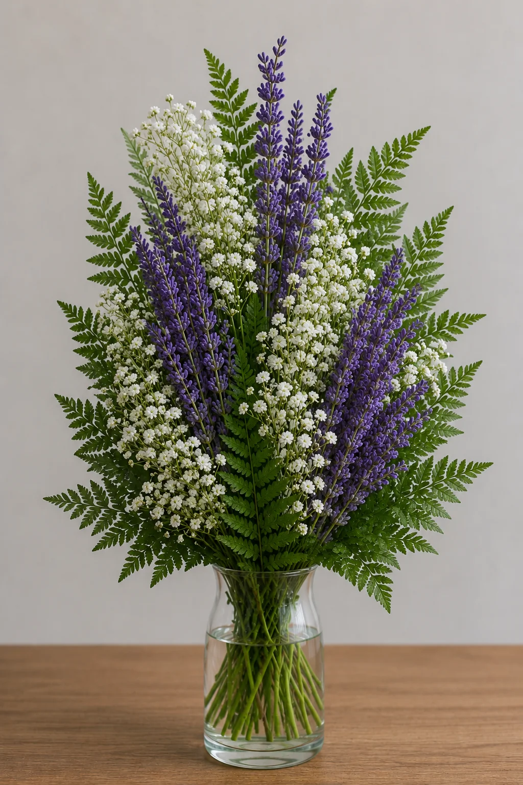 Bouquet of purple and white flowers with green ferns in a clear glass vase on a wooden table