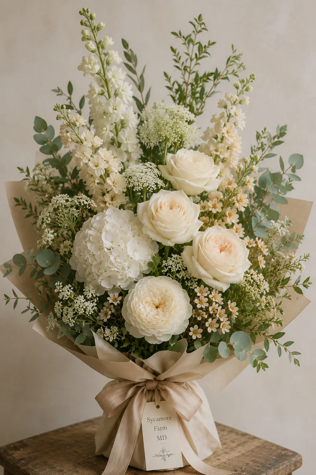 Cream and white flower bouquet wrapped in beige paper with a satin ribbon.