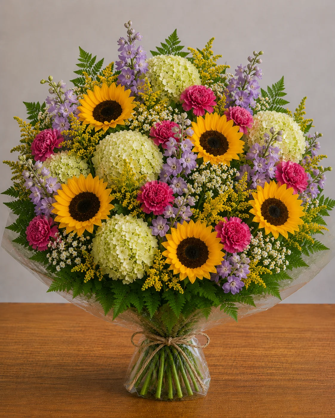 Colorful bouquet of sunflowers, pink and white flowers in a glass vase on a wooden table.