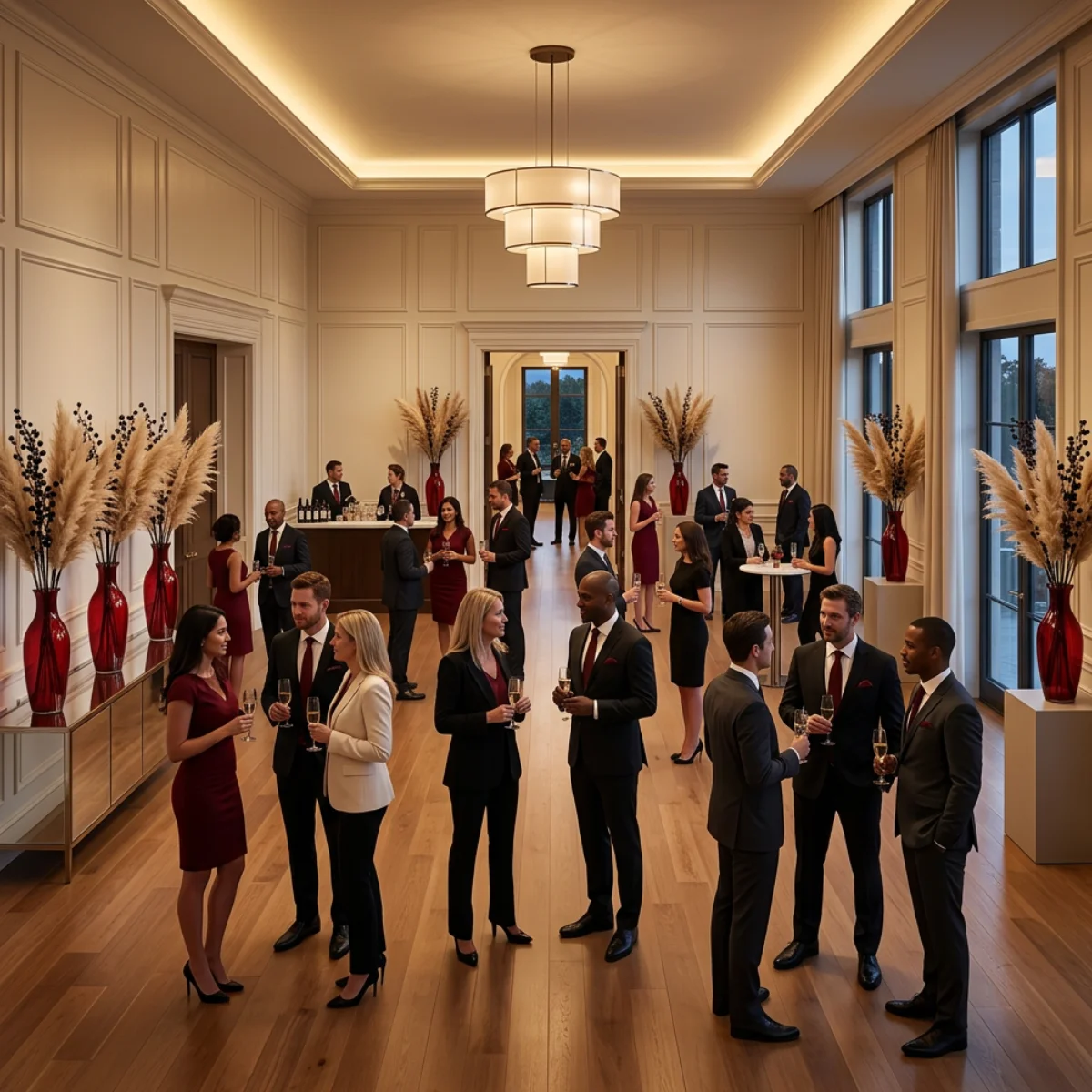 Formal reception in a bright hall, with people mingling and holding drinks beside tall red vases.