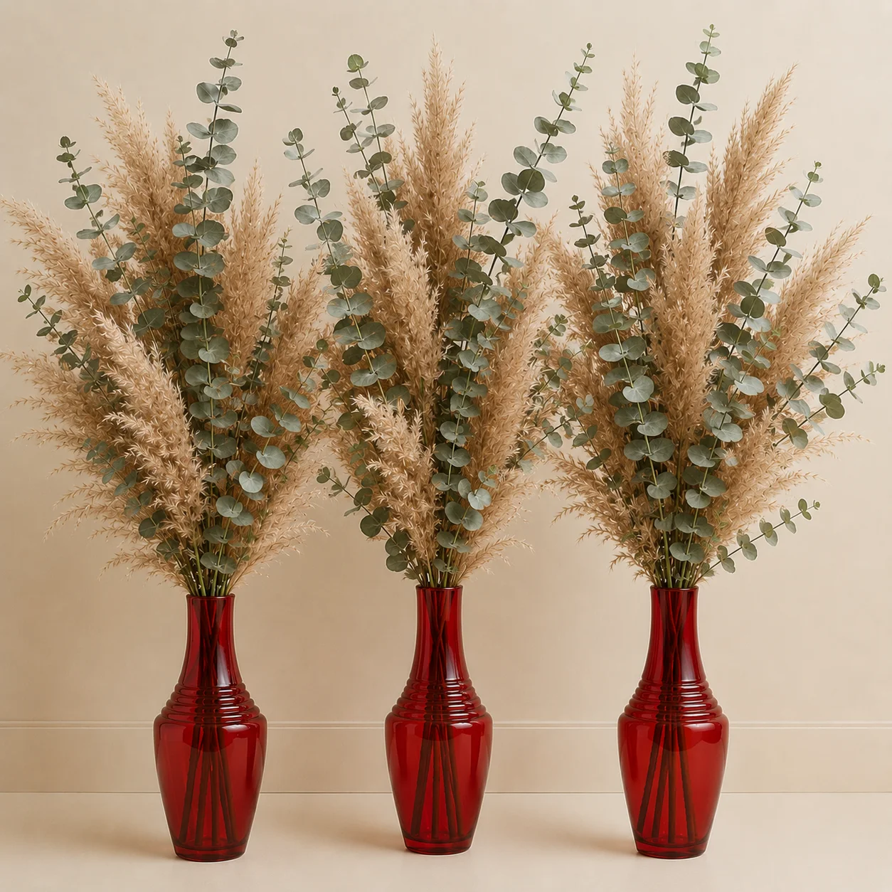 Three red vases with dried eucalyptus and tan pampas grass on a beige wall background