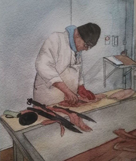 Pen and ink drawing of a fishmonger filleting fish