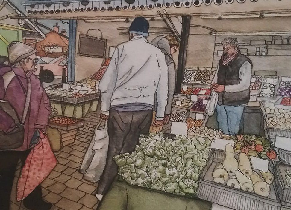 Pen and Ink drawing of artists husband shopping at a vegetable stand in Lowestoft's Triangle Market