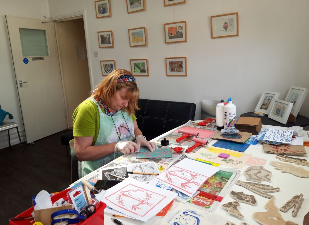 Creating lino and screen prints in the Another Angle Studio craft room