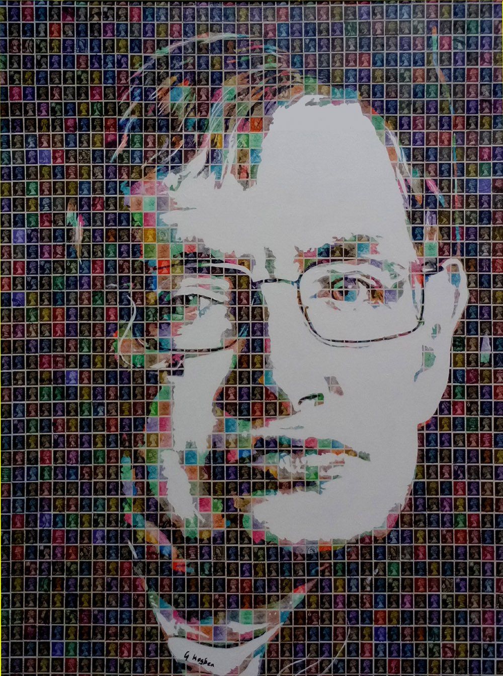 Portrait made  in collage with postage stamps of Professor Stephen Hawking by the artist Gary Hogben