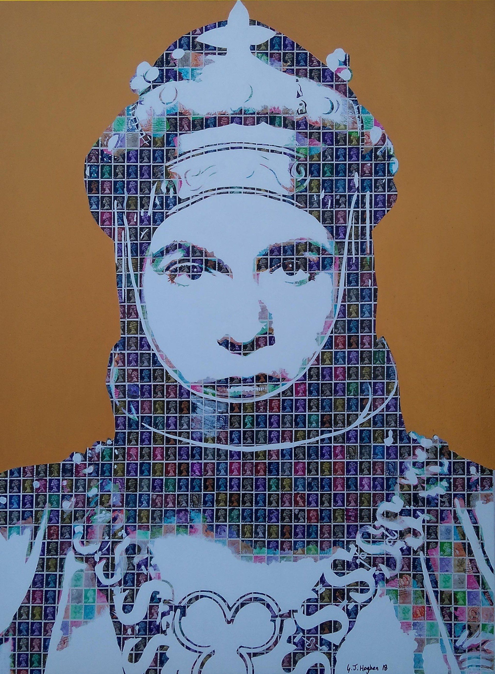 Image of Laurence Olivier from the 1944 film Henry V created in collage of stamps by the artist Gary Hogben