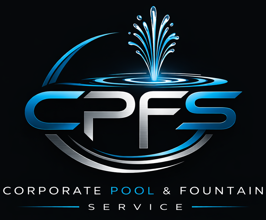 The logo for corporate pool and fountain services shows a drop of water.