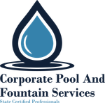 The logo for corporate pool and fountain services shows a drop of water.