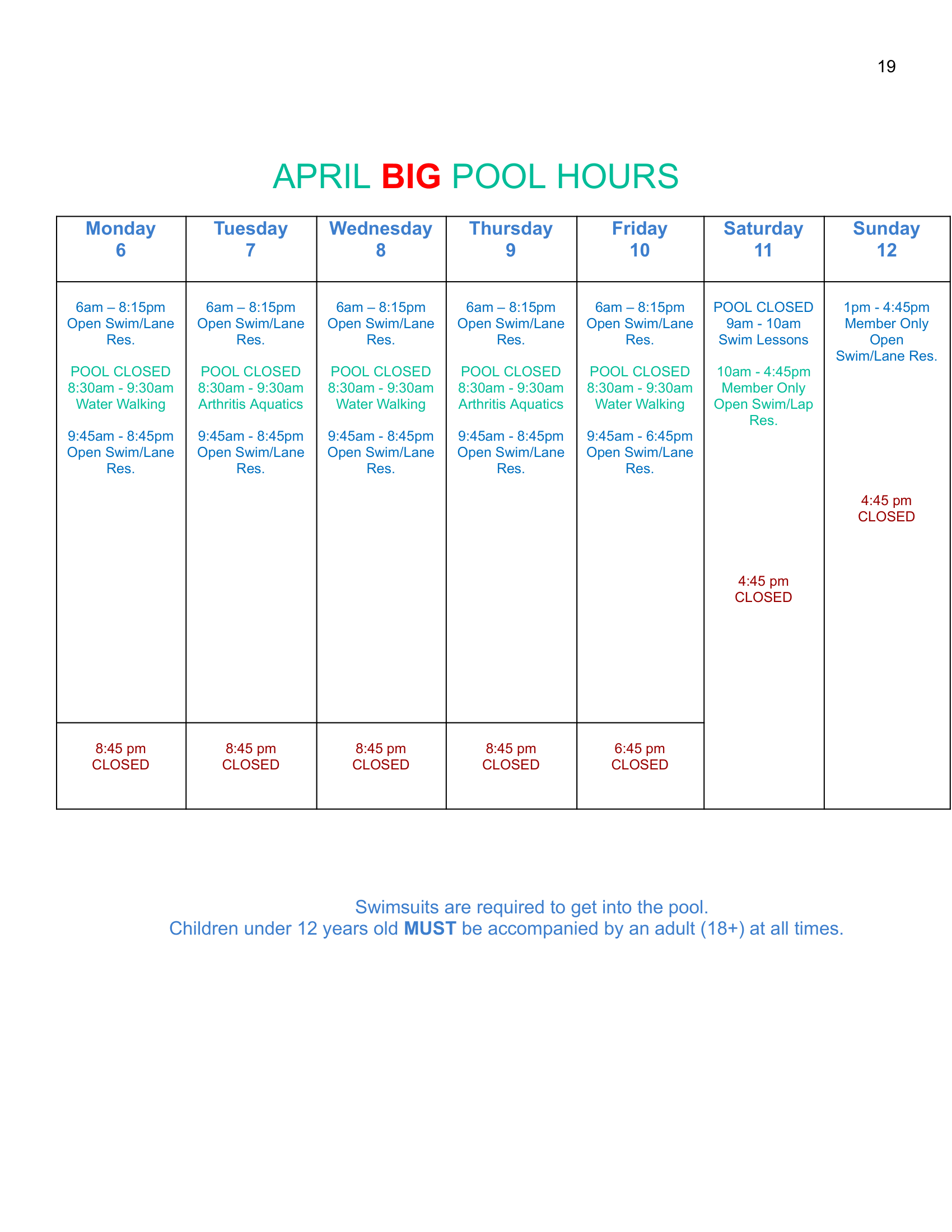 Big Pool Schedule