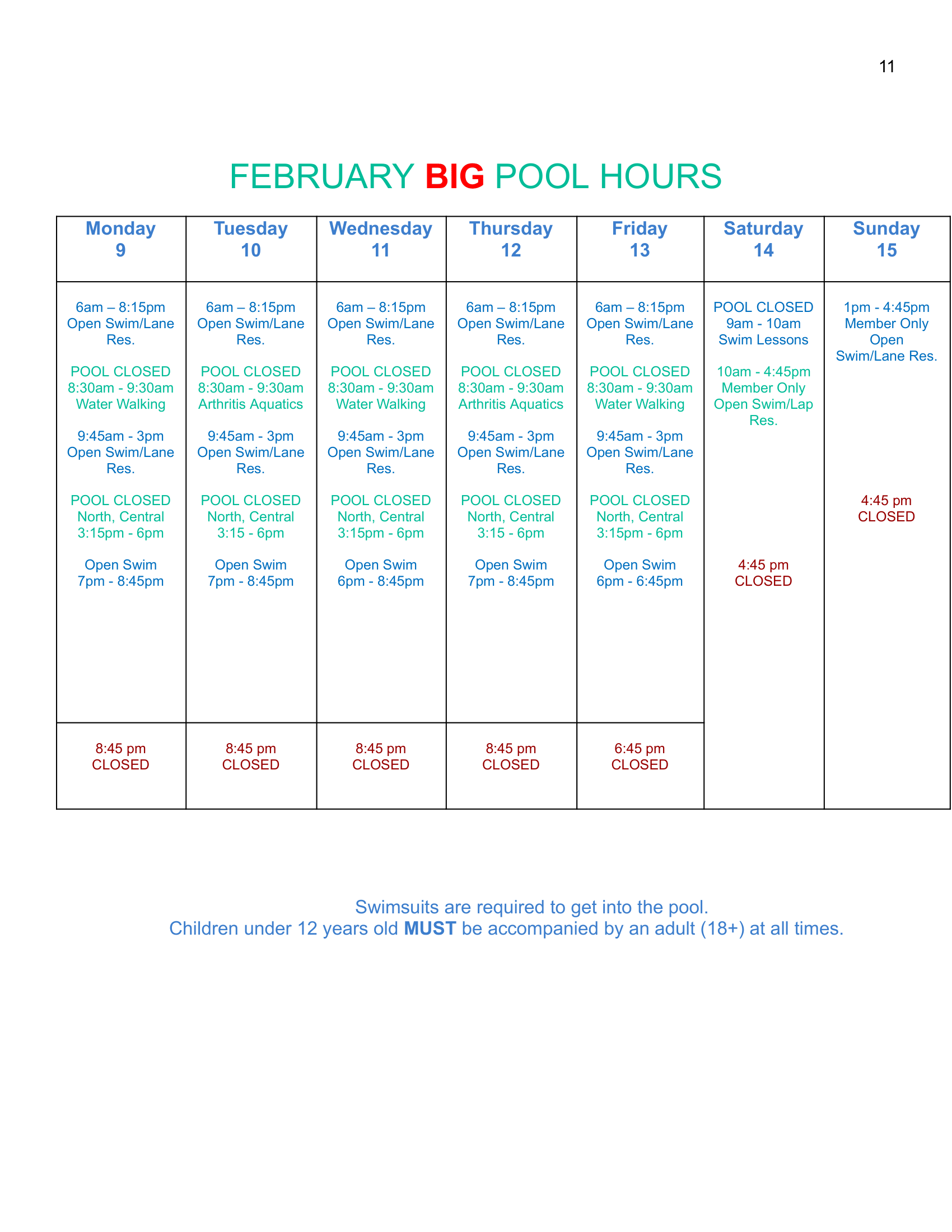 Big Pool Schedule