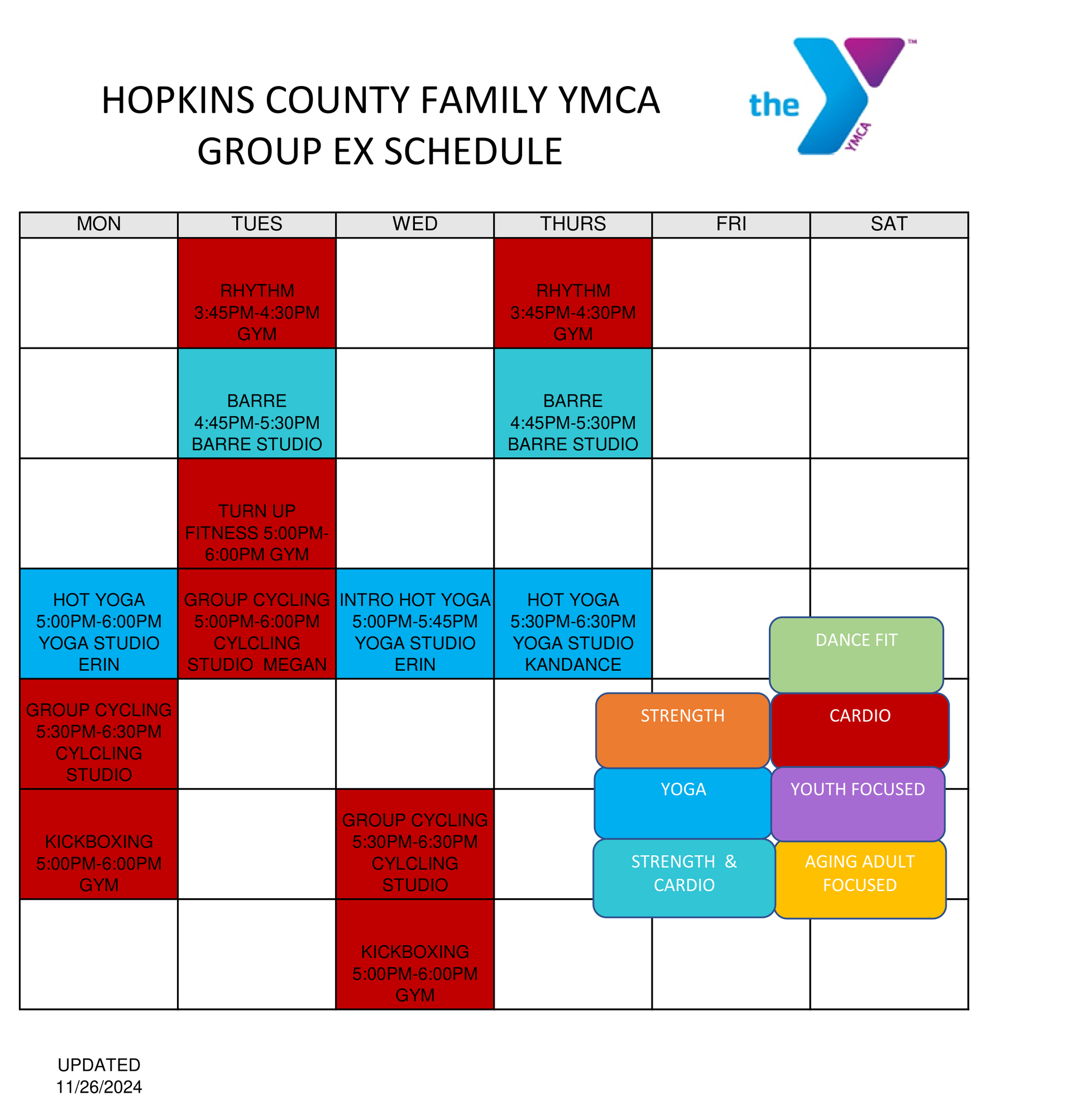 A group ex schedule for hopkins county family ymca