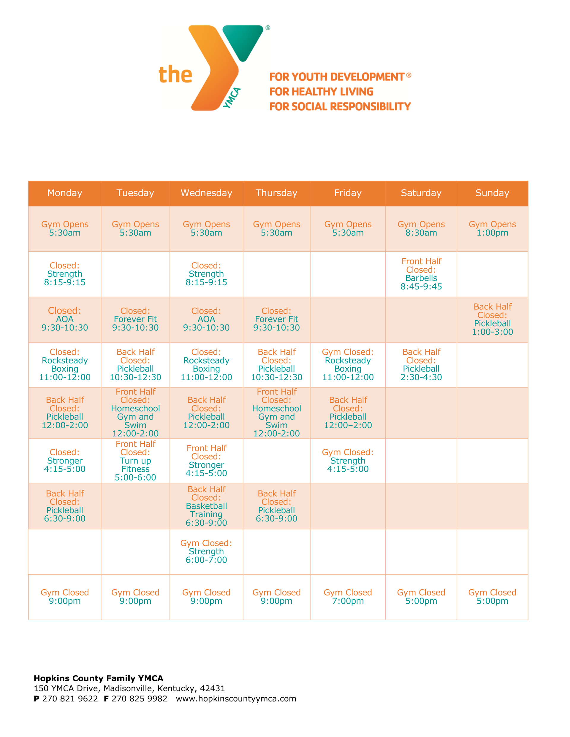 A group ex schedule for hopkins county family ymca