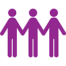 Three purple people are holding hands in a row.