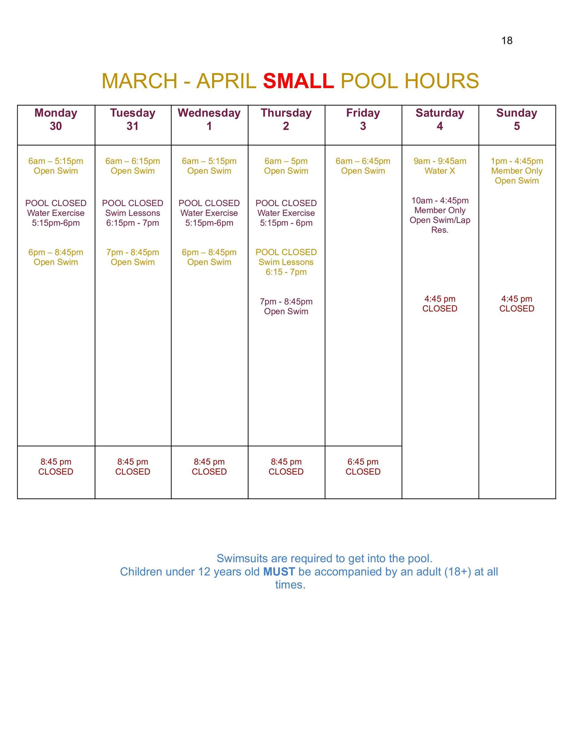 Small Pool Schedule