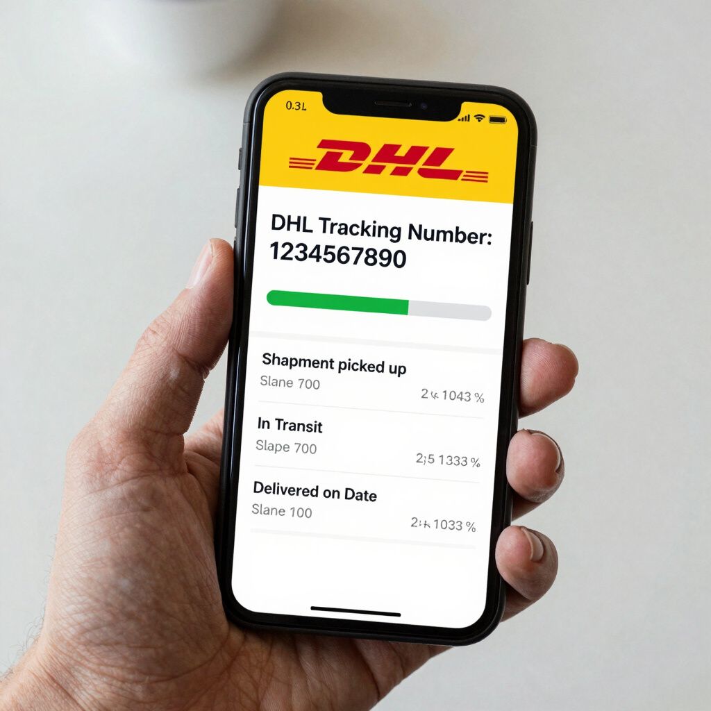 Hand die een telefoon vasthoudt waarop DHL-trackinginformatie wordt weergegeven.