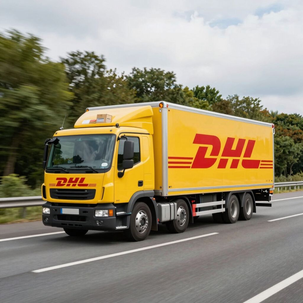 Een gele DHL-bestelwagen rijdt over de snelweg.