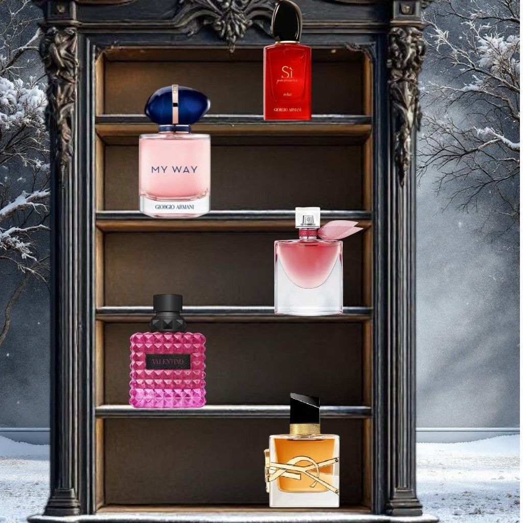 top 5 damespafums winter 2026, gepresenteerd in boekenkast met winterse sfeer