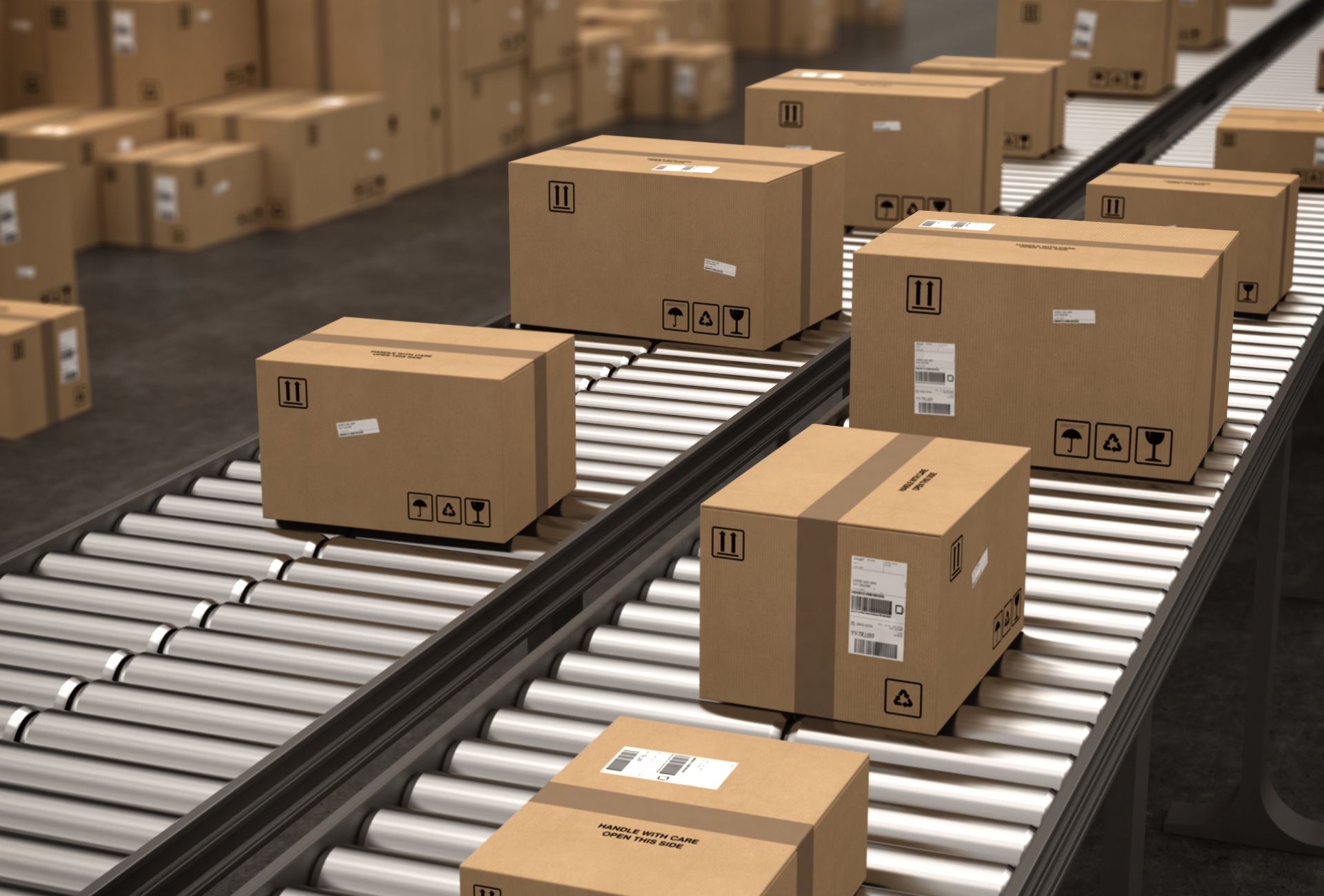 A conveyor belt filled with cardboard boxes in a warehouse