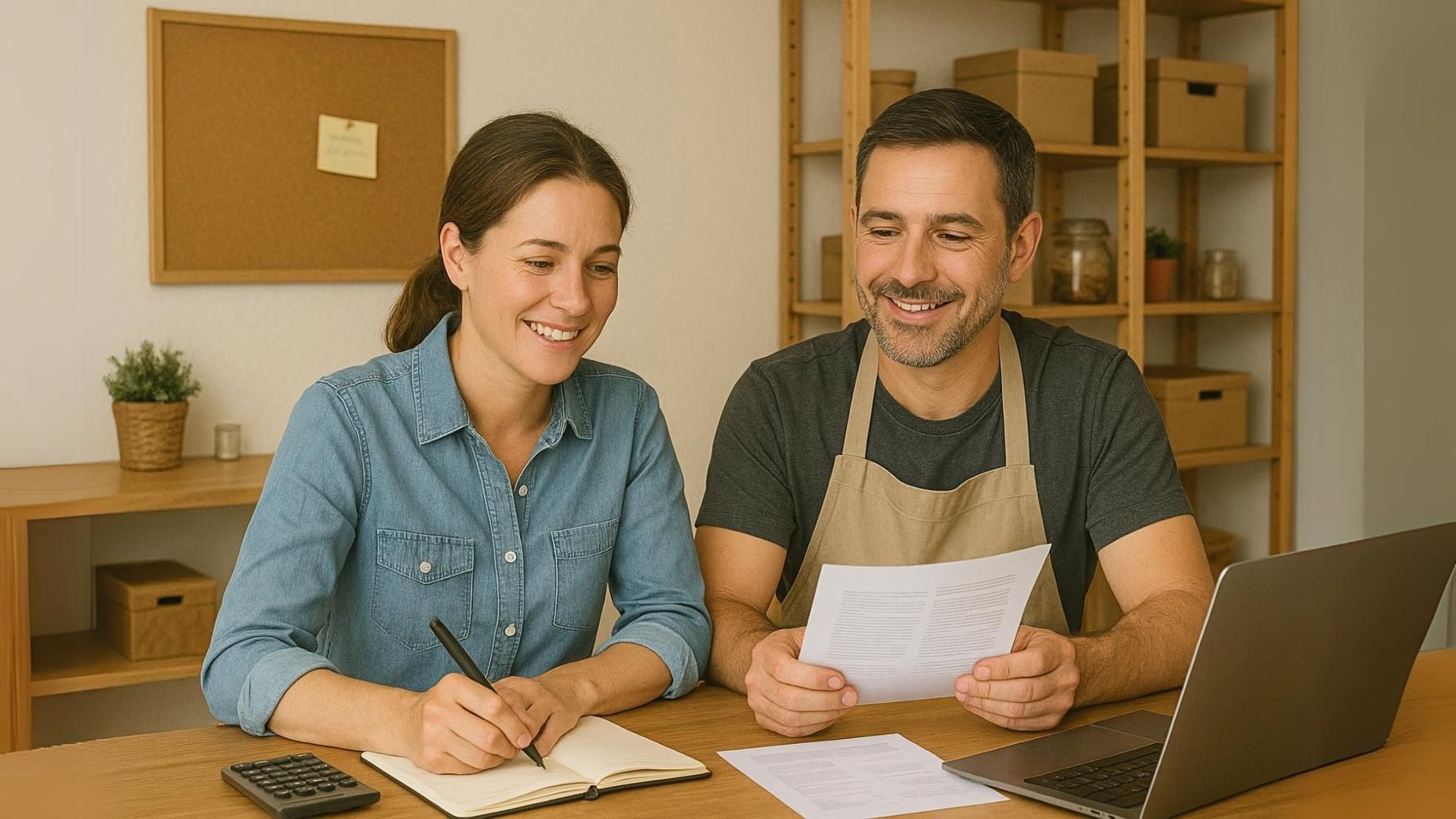 A Man and A Woman are Sitting at A Table Looking at Papers and A Laptop
