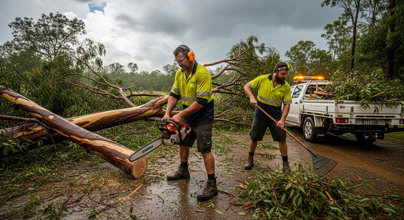 tradies working storm seono