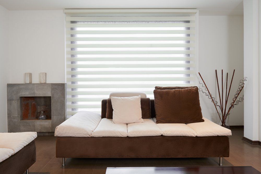 Big Modern Living Room With Brown And White Color Of Sofa And Pillow With Shutter Blind — BlindDESIGN In Lismore