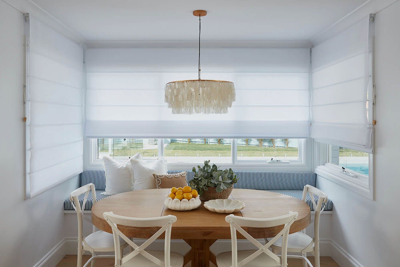 Grey Roman Blind With Strip On The Window — BlindDESIGN In Byron Bay NSW