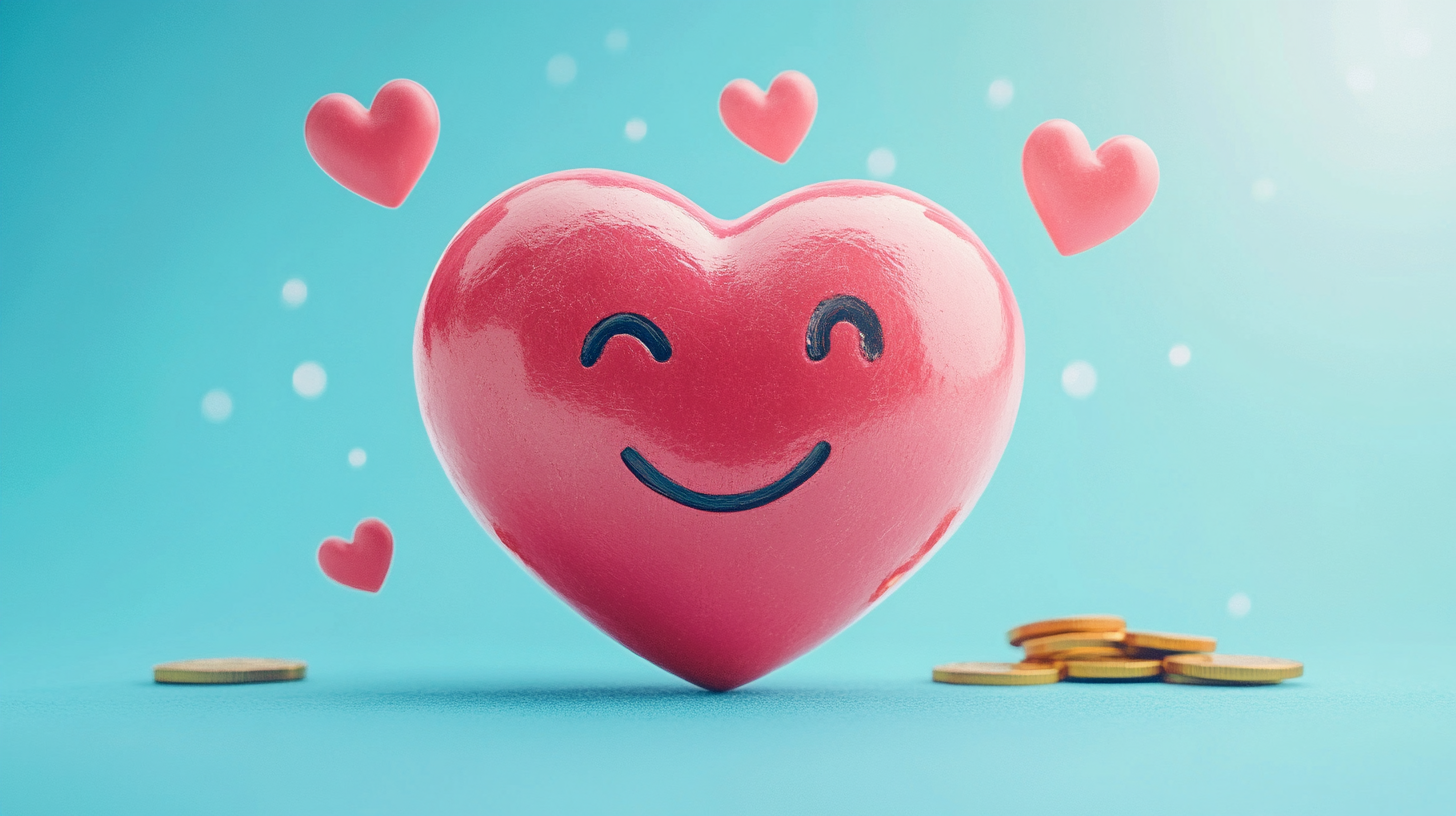 A pink heart with a smiling face is surrounded by hearts and coins.