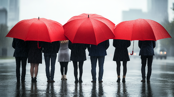 A group of people holding red umbrellas in the rain.