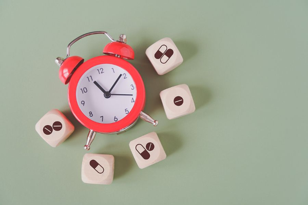 Red alarm clock surrounded by dice with pill icons on a light green background.