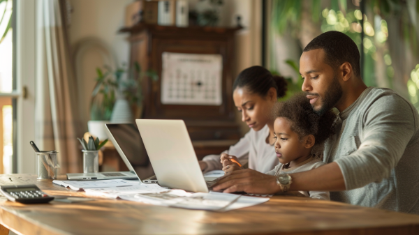 Family working on laptops together at a wooden table; child looking at screen.