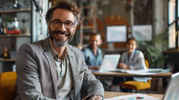 Smiling man with glasses in a casual blazer, office setting, two colleagues in background.